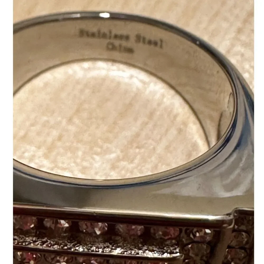 Silver tone Cubic Zirconia Square Signet Ring Silver Stainless Steel Size 10